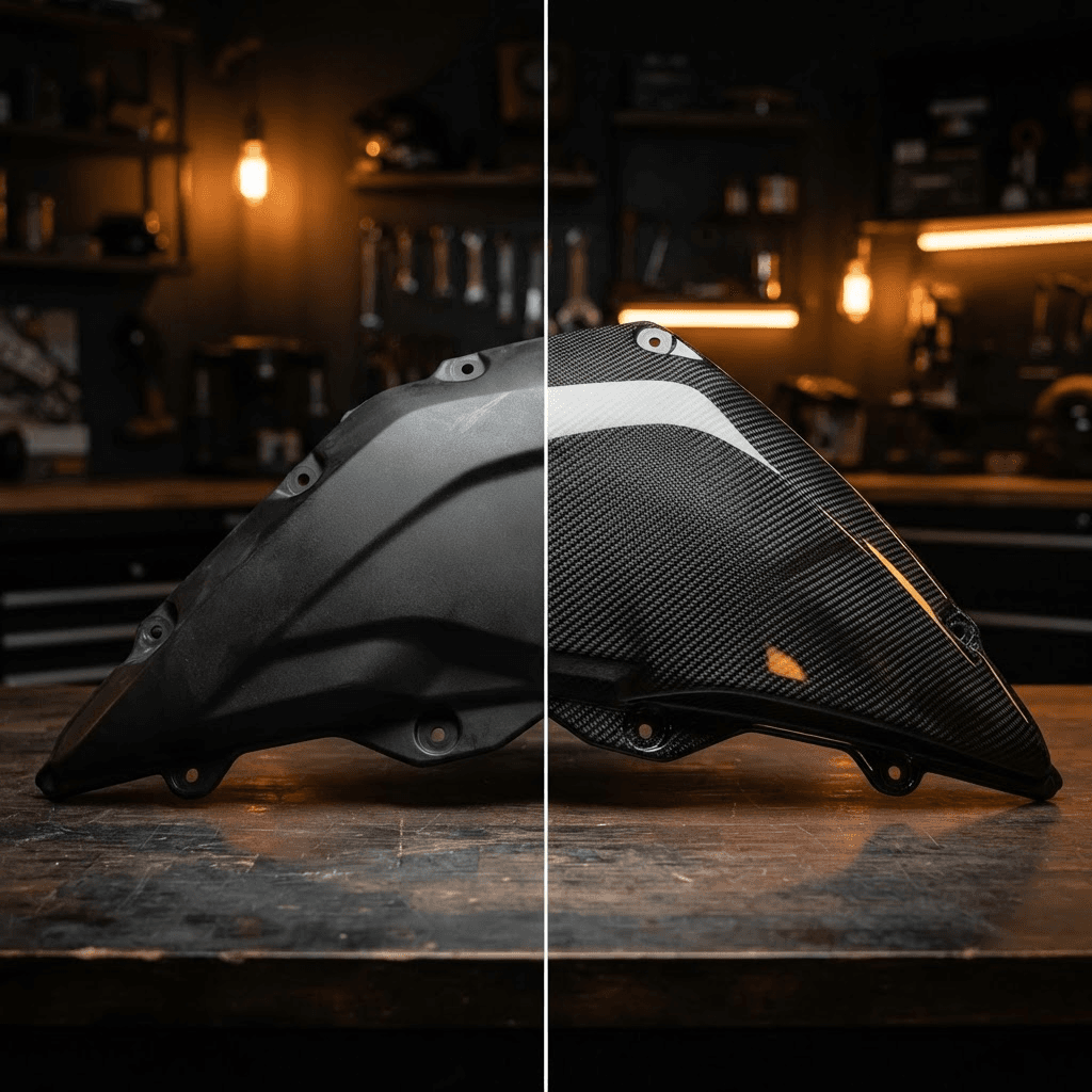 Componente moto prima e dopo il rivestimento in fibra di carbonio